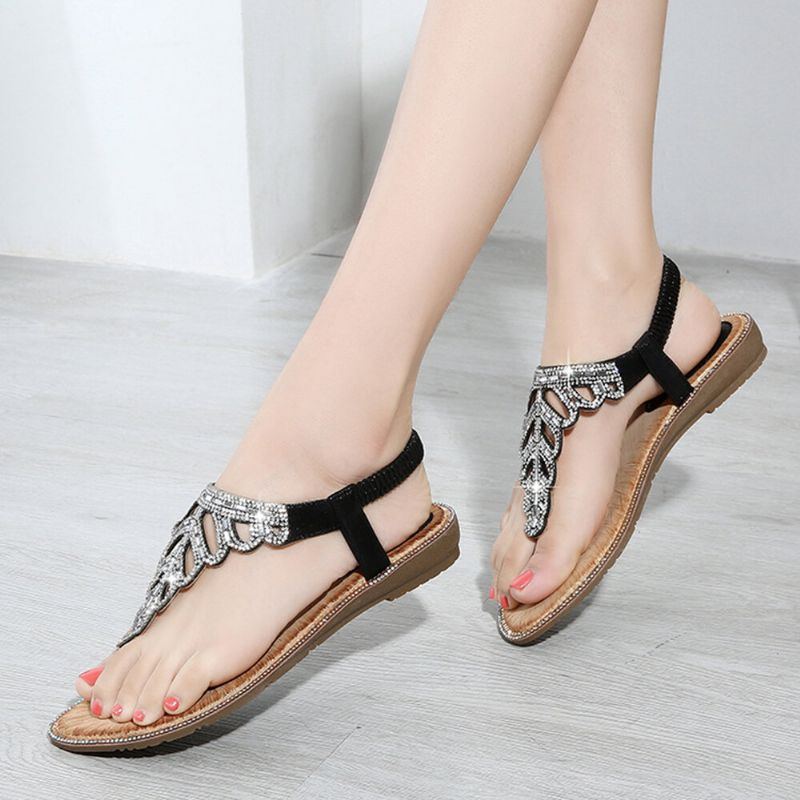 Damen Exquisite Blatt Strass Strand Clip Toe Weiche Flache Sandalen