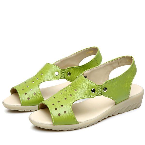 Damen Leder Aushöhlen Peep Toe Slip Auf Weichen Sandalen