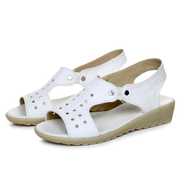 Damen Leder Aushöhlen Peep Toe Slip Auf Weichen Sandalen