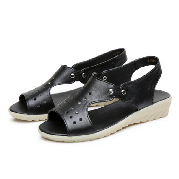 Damen Leder Aushöhlen Peep Toe Slip Auf Weichen Sandalen