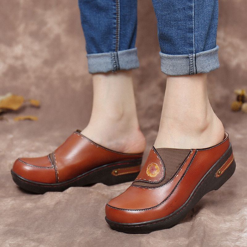 Damen Leder Blumen Elastisches Spleißen Slip On Pantoletten Clogs Rutschfeste Keilsandalen