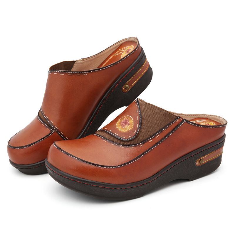 Damen Leder Blumen Elastisches Spleißen Slip On Pantoletten Clogs Rutschfeste Keilsandalen