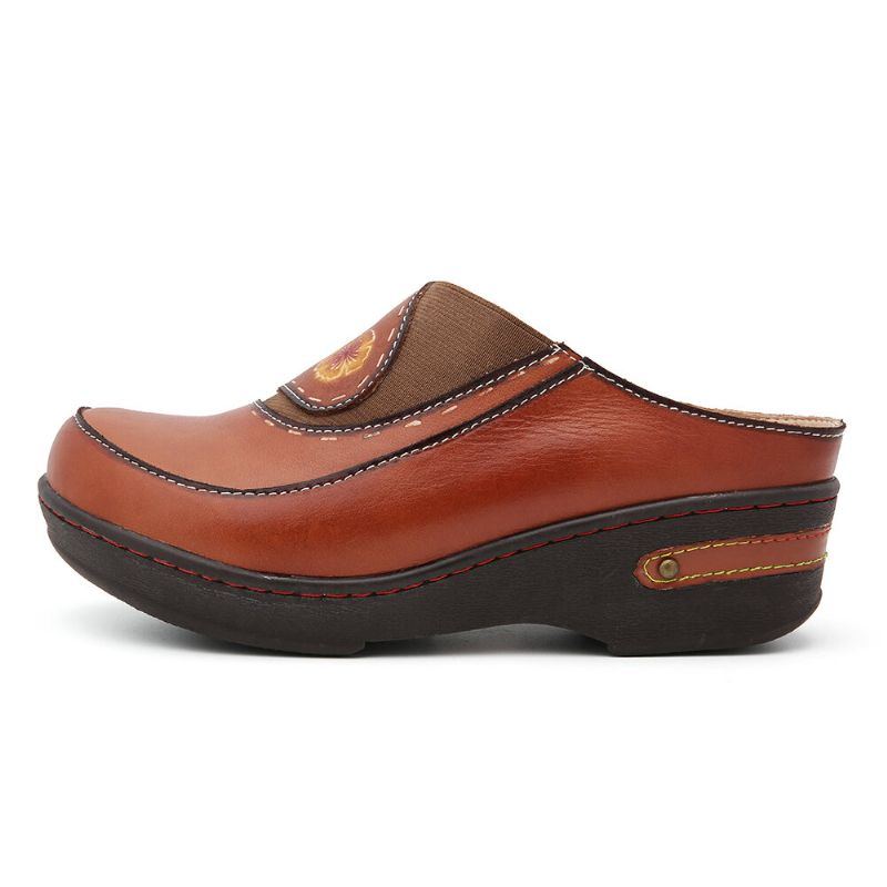 Damen Leder Blumen Elastisches Spleißen Slip On Pantoletten Clogs Rutschfeste Keilsandalen