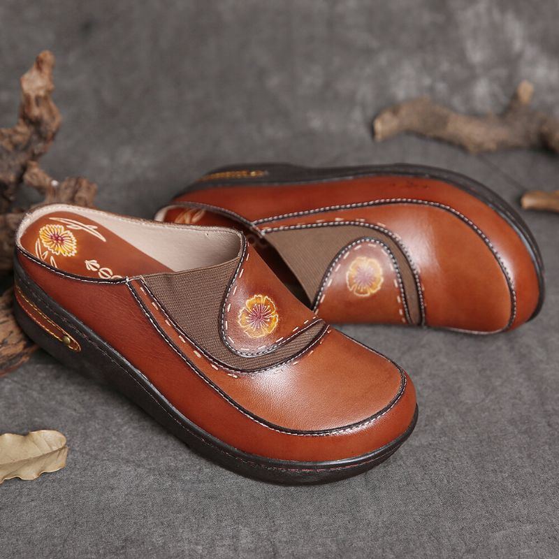 Damen Leder Blumen Elastisches Spleißen Slip On Pantoletten Clogs Rutschfeste Keilsandalen