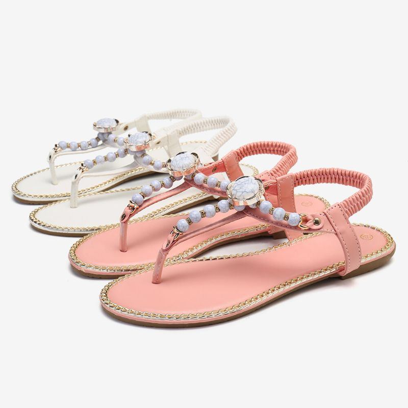 Damen Perlendekor Elastische Flache Slip On Strand Clip Toe Sandalen