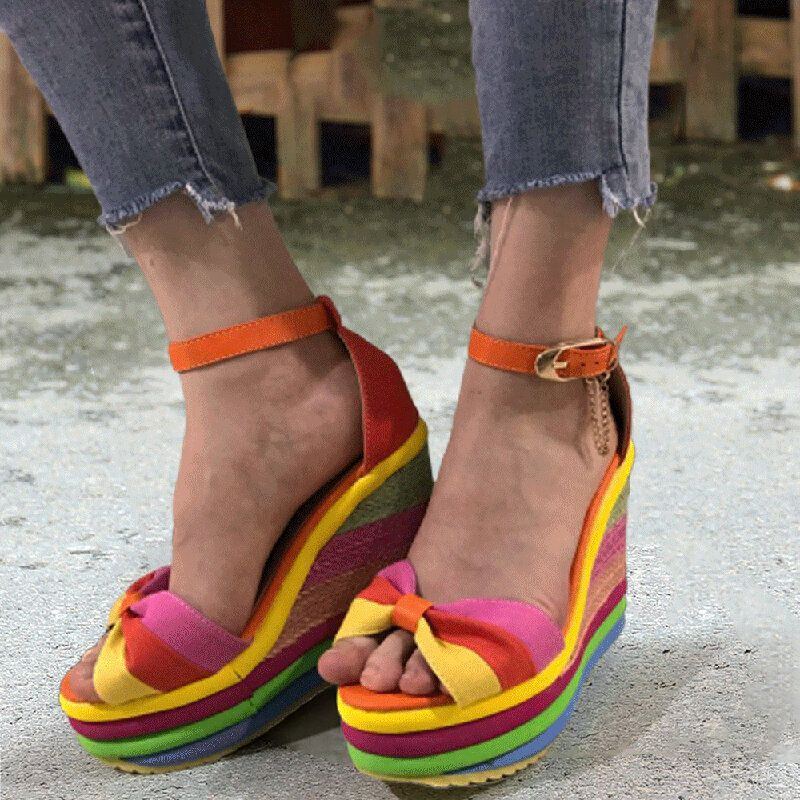 Damen Regenbogen Bunte Knöchelriemen Bogen Knoten Schnallen Plateau Sandalen