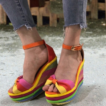 Damen Regenbogen Bunte Knöchelriemen Bogen Knoten Schnallen Plateau Sandalen