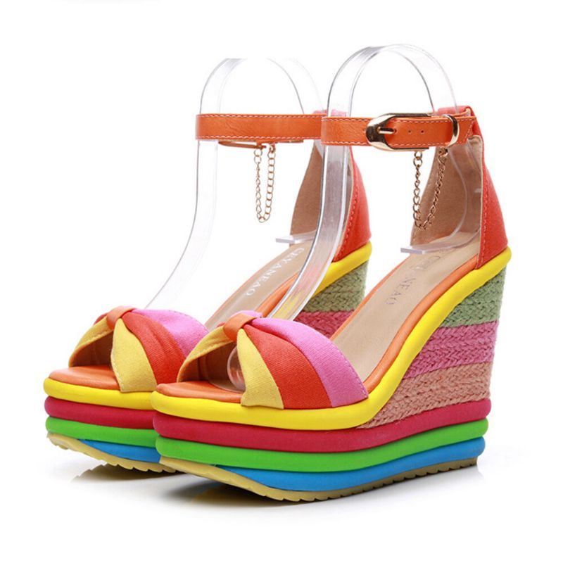 Damen Regenbogen Bunte Knöchelriemen Bogen Knoten Schnallen Plateau Sandalen