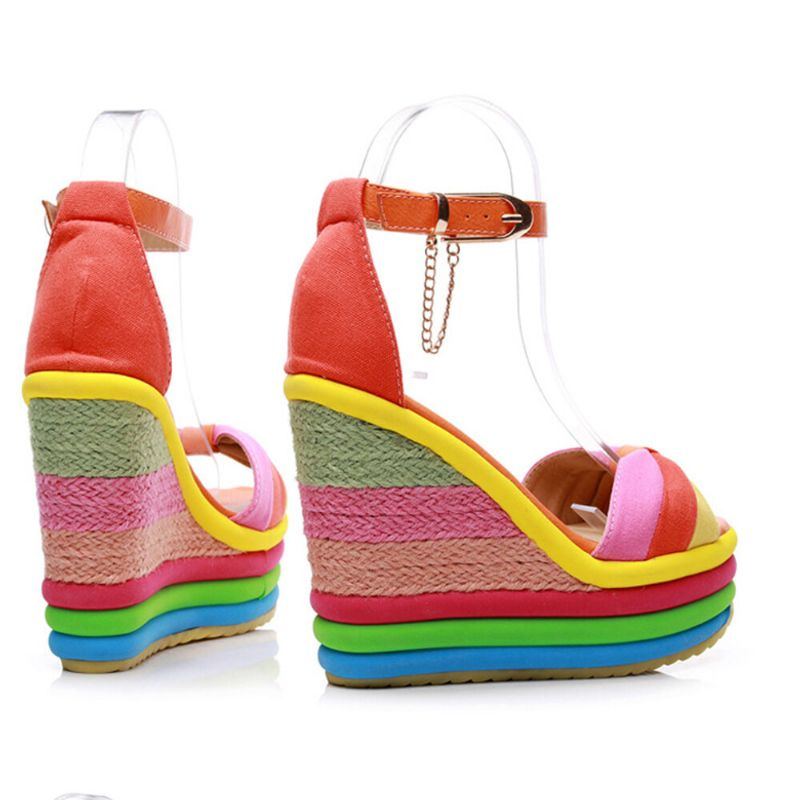 Damen Regenbogen Bunte Knöchelriemen Bogen Knoten Schnallen Plateau Sandalen