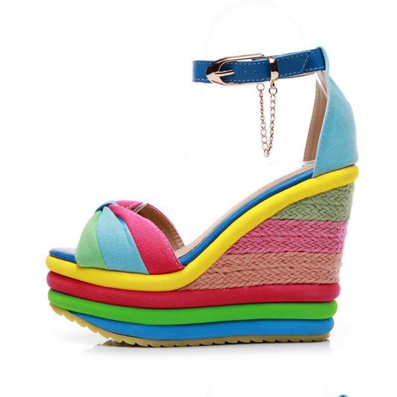 Damen Regenbogen Bunte Knöchelriemen Bogen Knoten Schnallen Plateau Sandalen