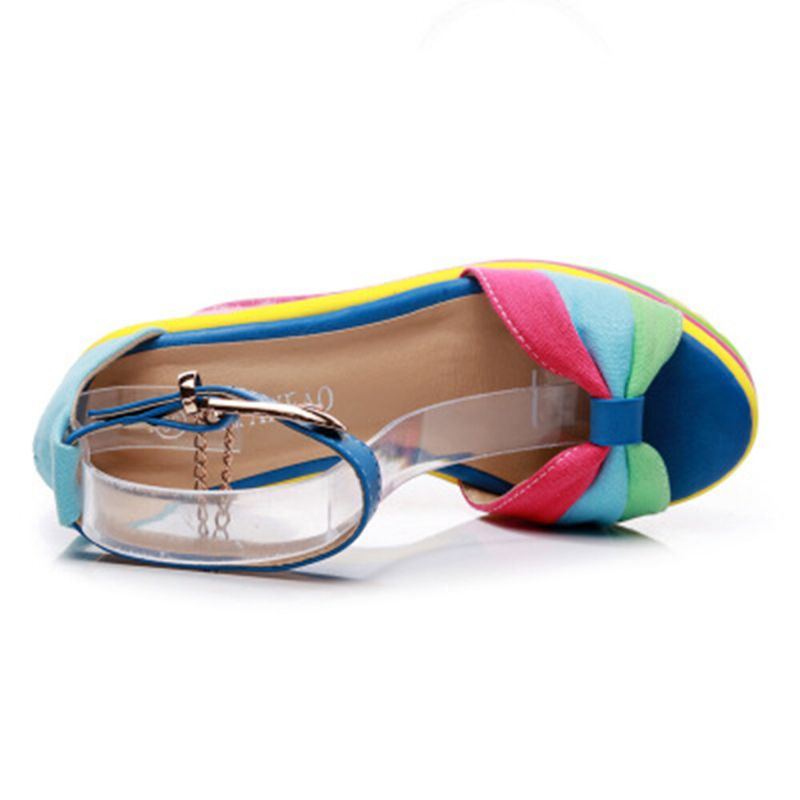 Damen Regenbogen Bunte Knöchelriemen Bogen Knoten Schnallen Plateau Sandalen