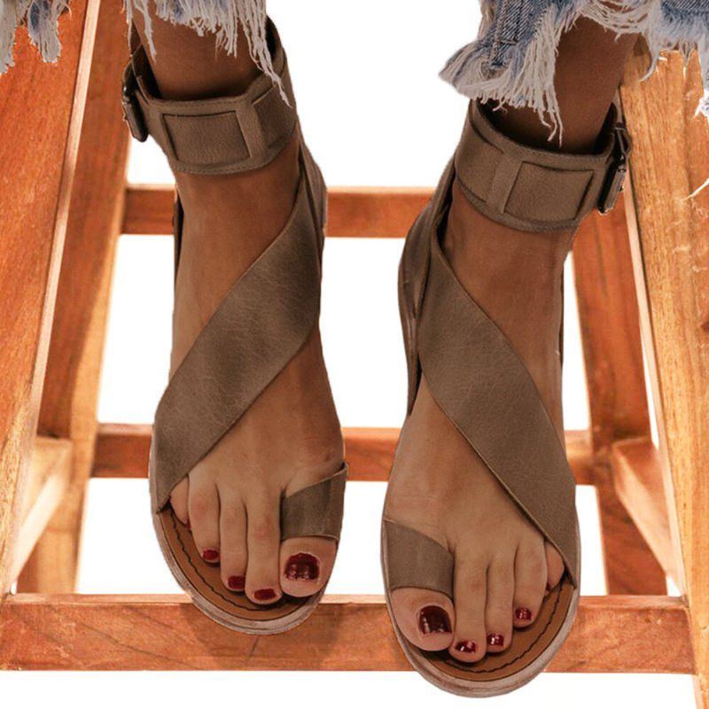 Damen Retro Zehenring Römische Knöchelriemen Lässige Sommer Flache Sandalen