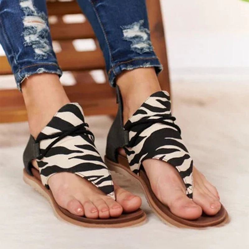 Damen Roman Animal Grain Splicing Clip Toe Sommer Flache Gladiator Sandalen