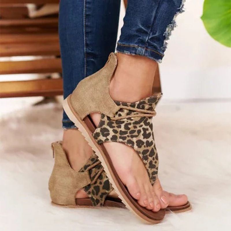 Damen Roman Animal Grain Splicing Clip Toe Sommer Flache Gladiator Sandalen