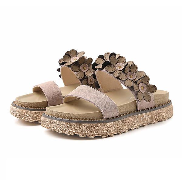 Damen Sommer Beiläufiger Blumen Beleg Auf Strand Flachen Sandalen