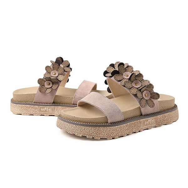 Damen Sommer Beiläufiger Blumen Beleg Auf Strand Flachen Sandalen