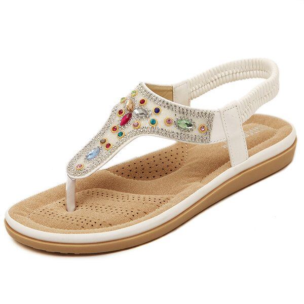 Damen Strass Bohemian Beach Flip Flops Peep Toe Flache Sandalen Hausschuhe