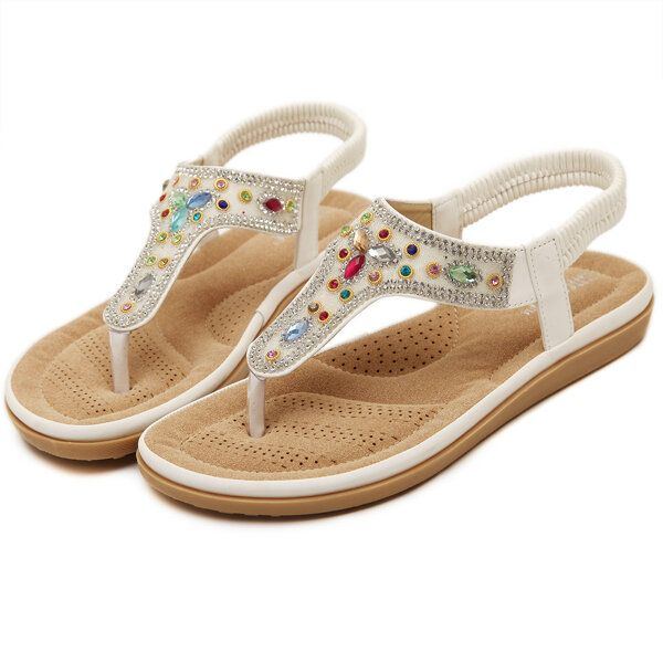 Damen Strass Bohemian Beach Flip Flops Peep Toe Flache Sandalen Hausschuhe