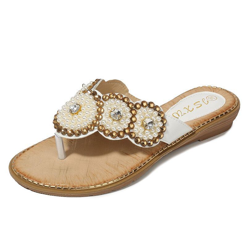 Damen Strass Dekor Clip Toe Flats Sandalen