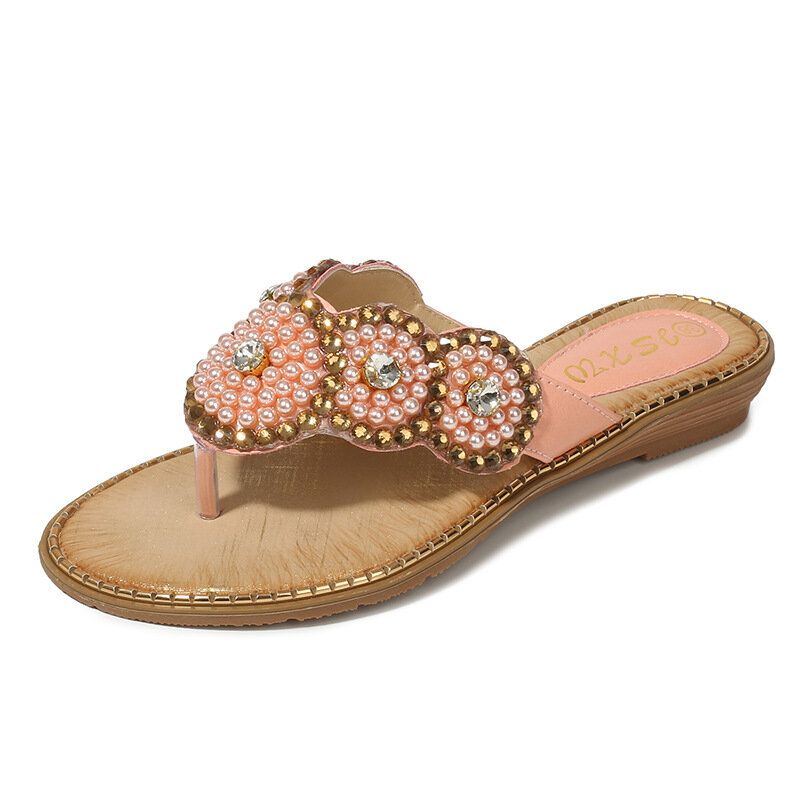 Damen Strass Dekor Clip Toe Flats Sandalen