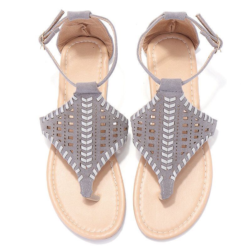 Damen Weben Aushöhlen Klipp Zehen Schnallen Kausale Sommer Strand Flache Sandalen