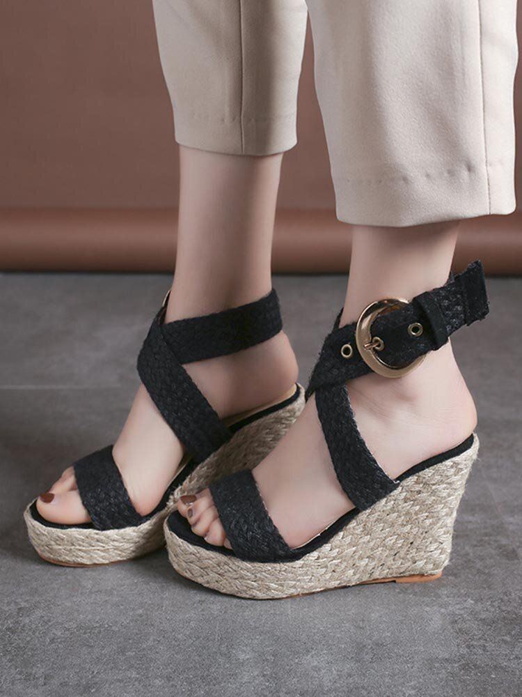 Damen Wedges Heel Geflochtene Espadrille Ankle Cross Buckle Strap Sandalen