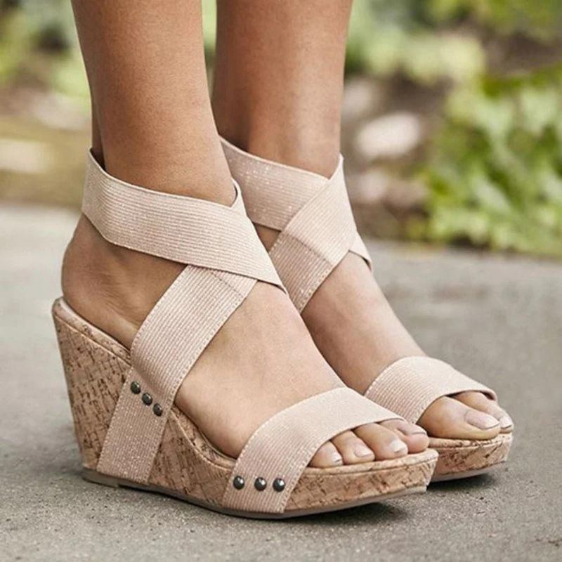 Große Damen Peep Toe Gummiband Sandalen Mit Gekreuzten Keilen