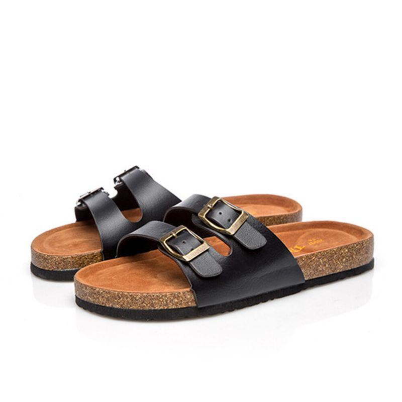 Große Damen Strand Casual Doppelschnallenriemen Weiche Flache Kork Sandalen