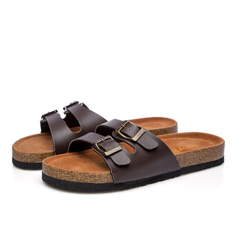 Große Damen Strand Casual Doppelschnallenriemen Weiche Flache Kork Sandalen