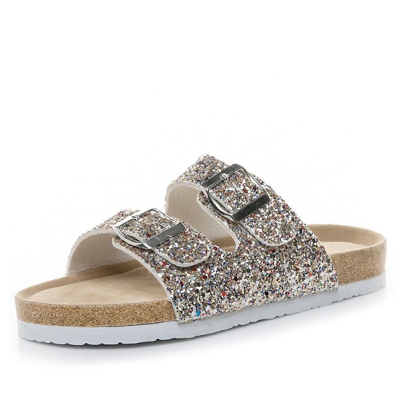 Große Lässige Bling Pailletten Doppelriemenschnalle Für Damen Flache Hausschuhe Kork Sandalen