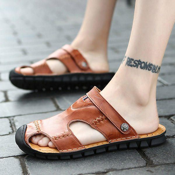 Herren Casual Soft Anti Collision Toe Sandalen Aus Echtem Leder