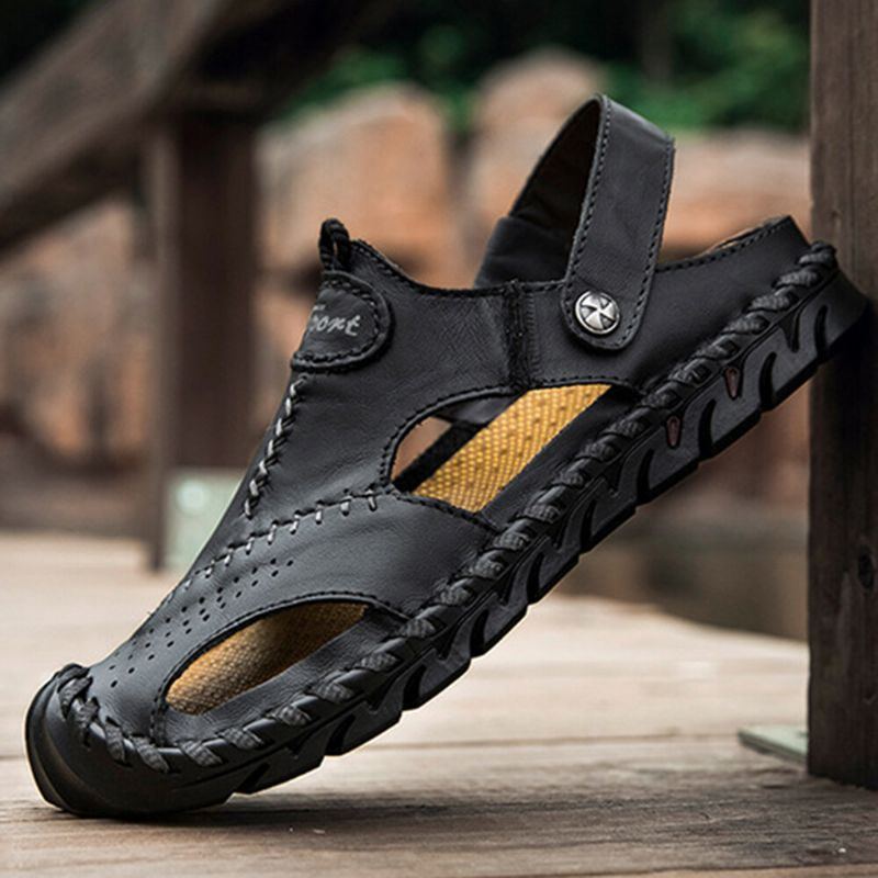 Herren Handnähte Rutschfeste Outdoor Casual Strand Ledersandalen