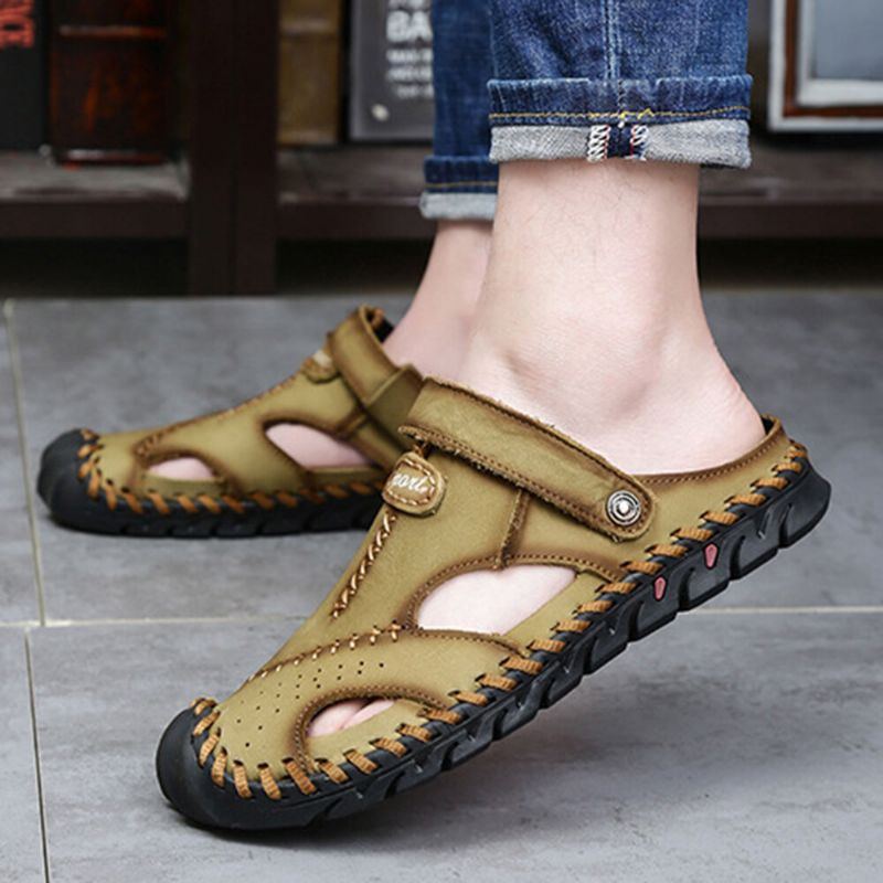 Herren Handnähte Rutschfeste Outdoor Casual Strand Ledersandalen