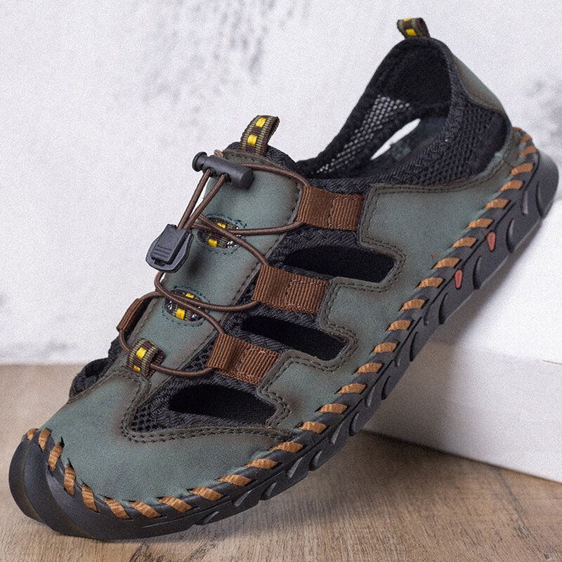 Herren Leder Mesh Spleißen Rutschfeste Lässige Handgenähte Sandalen