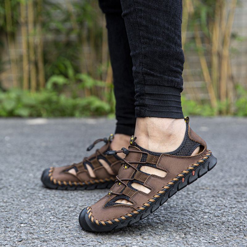 Herren Leder Mesh Spleißen Rutschfeste Lässige Handgenähte Sandalen