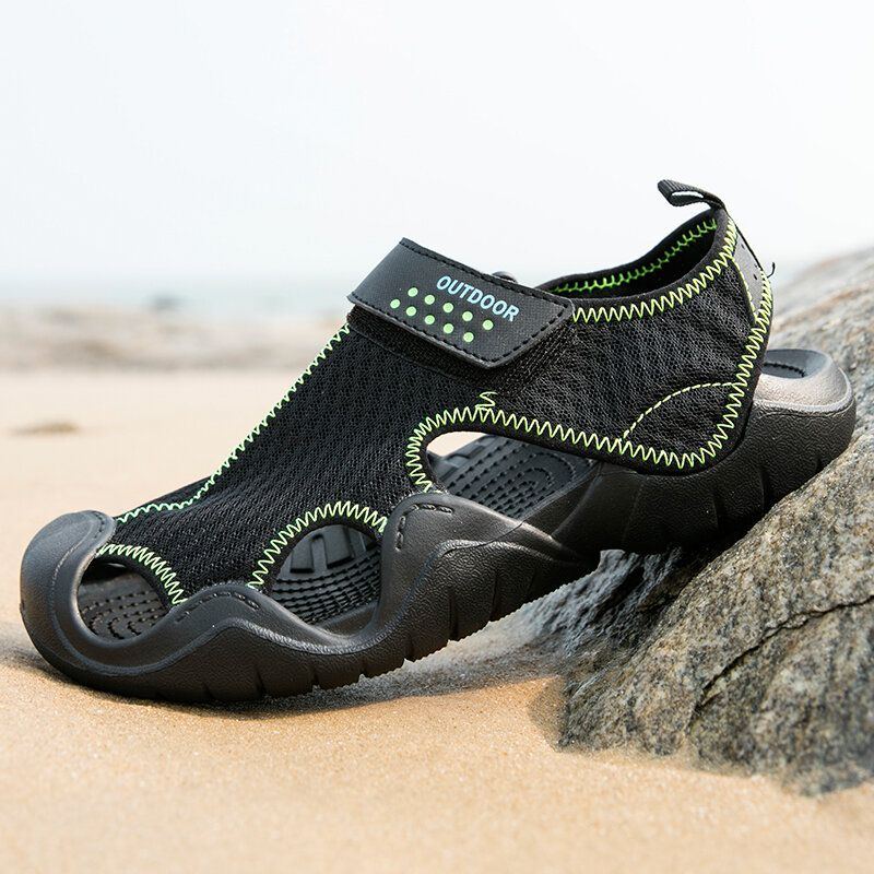 Herren Mesh Gewebe Rutschfeste Hakenschlaufe Geschlossene Zehen Lässige Strandsandalen