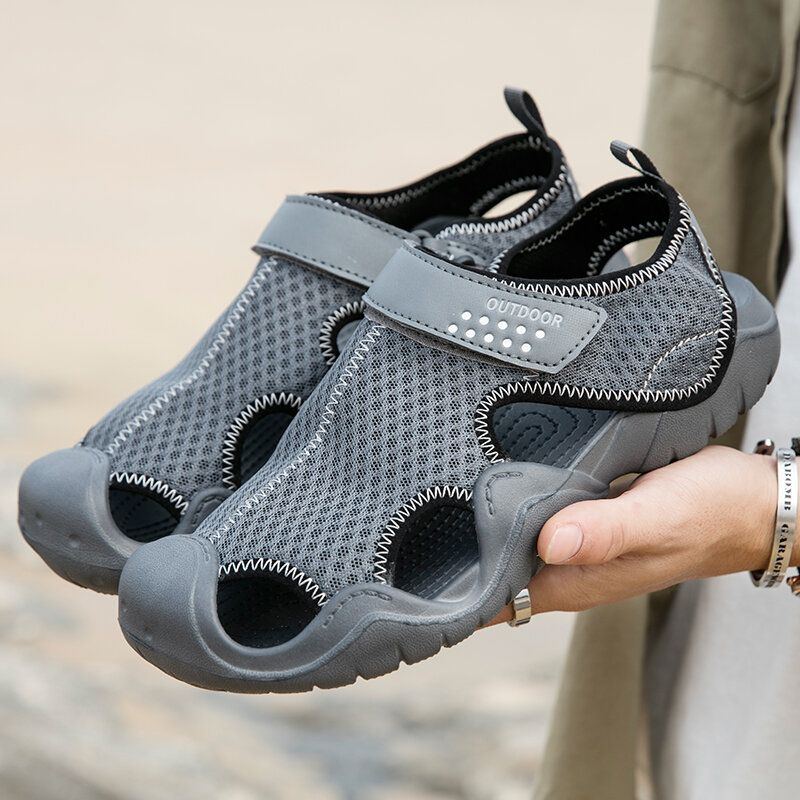 Herren Mesh Gewebe Rutschfeste Hakenschlaufe Geschlossene Zehen Lässige Strandsandalen