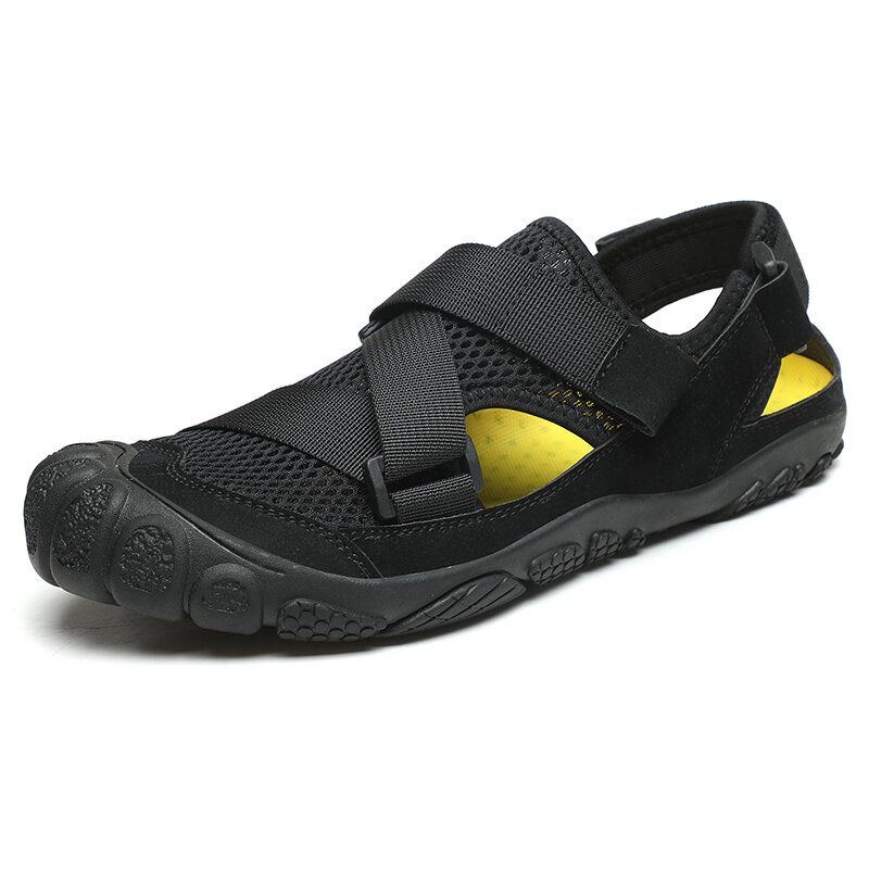 Herren Outdoor Gummi Zehenkappe Mesh Spleißen Rutschfeste Wasser Wandersandalen