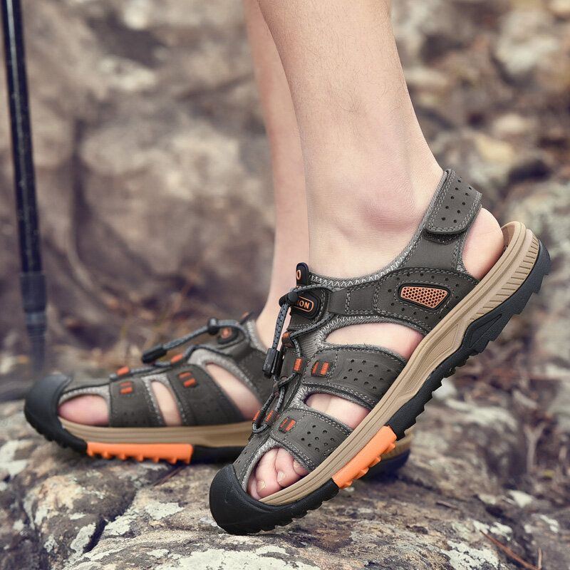 Herren Rindsleder Mit Weichem Boden Rutschfest Geschlossene Zehen Bequeme Flache Lässige Outdoor Sandalen