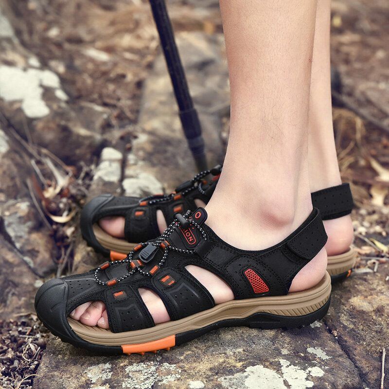 Herren Rindsleder Mit Weichem Boden Rutschfest Geschlossene Zehen Bequeme Flache Lässige Outdoor Sandalen