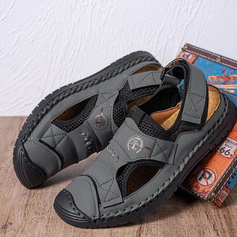 Herren Sommer Bequeme Mikrofaser Leder Spleißen Mesh Stoff Weiche Rückseite Klettverschluss Strandsandalen