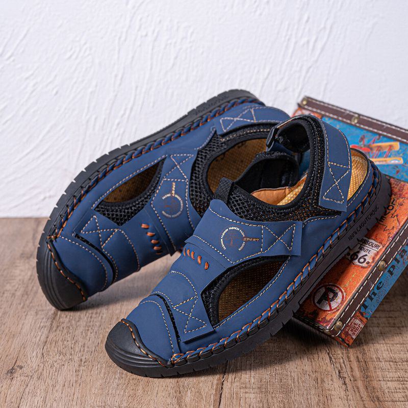 Herren Sommer Bequeme Mikrofaser Leder Spleißen Mesh Stoff Weiche Rückseite Klettverschluss Strandsandalen