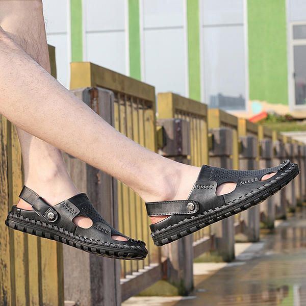 Herren Sommer Leder Sandale Lässig Runder Zeh Flacher Modischer Weicher Strandschuh