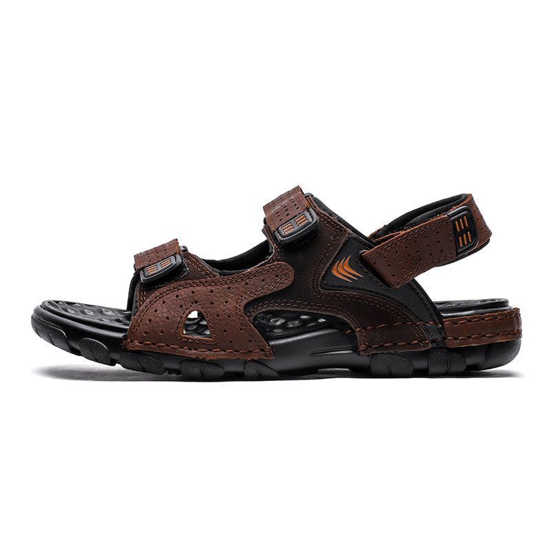 Herren Sommer Outdoor Bequeme Rindsleder Rutschfeste Strandsandalen Mit Klettverschluss