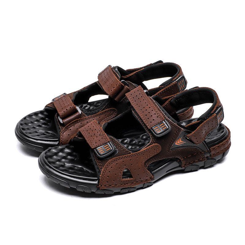 Herren Sommer Outdoor Bequeme Rindsleder Rutschfeste Strandsandalen Mit Klettverschluss