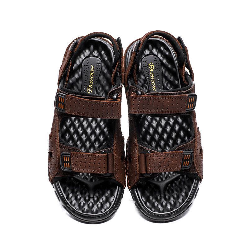 Herren Sommer Outdoor Bequeme Rindsleder Rutschfeste Strandsandalen Mit Klettverschluss