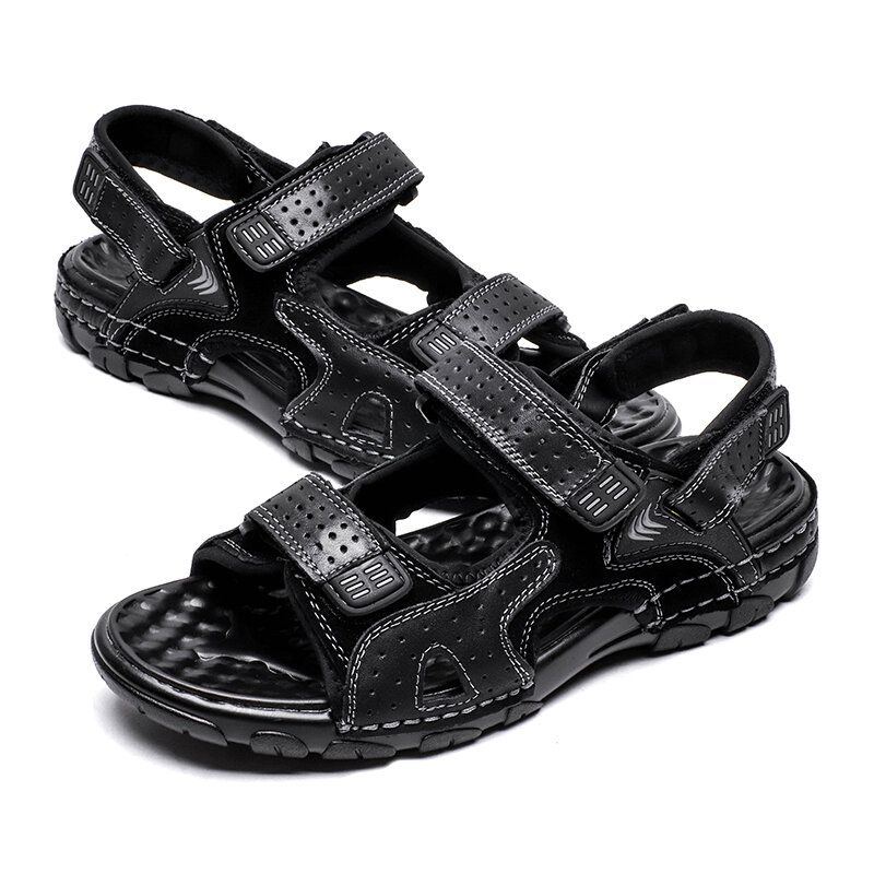 Herren Sommer Outdoor Bequeme Rindsleder Rutschfeste Strandsandalen Mit Klettverschluss