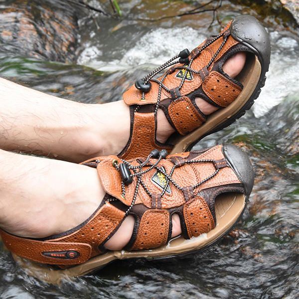 Herren Strandsandalen Aus Echtem Leder Mit Runder Zehenpartie Und Flachen Schuhen