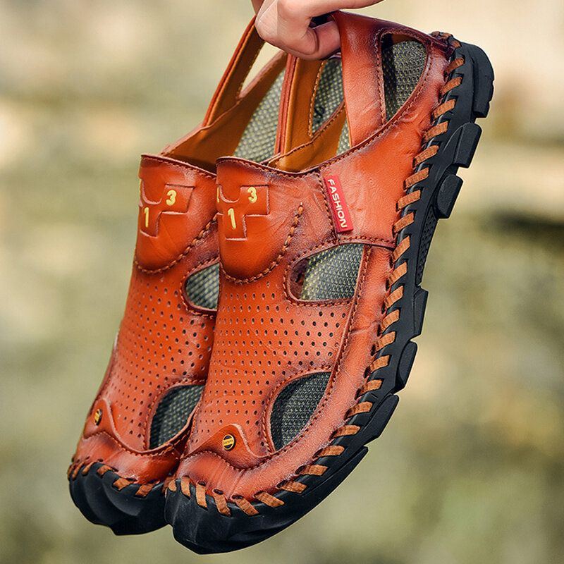 Lässige Atmungsaktive Faltbare Rutschfeste Outdoor Strandschuhe Aus Leder Für Herren