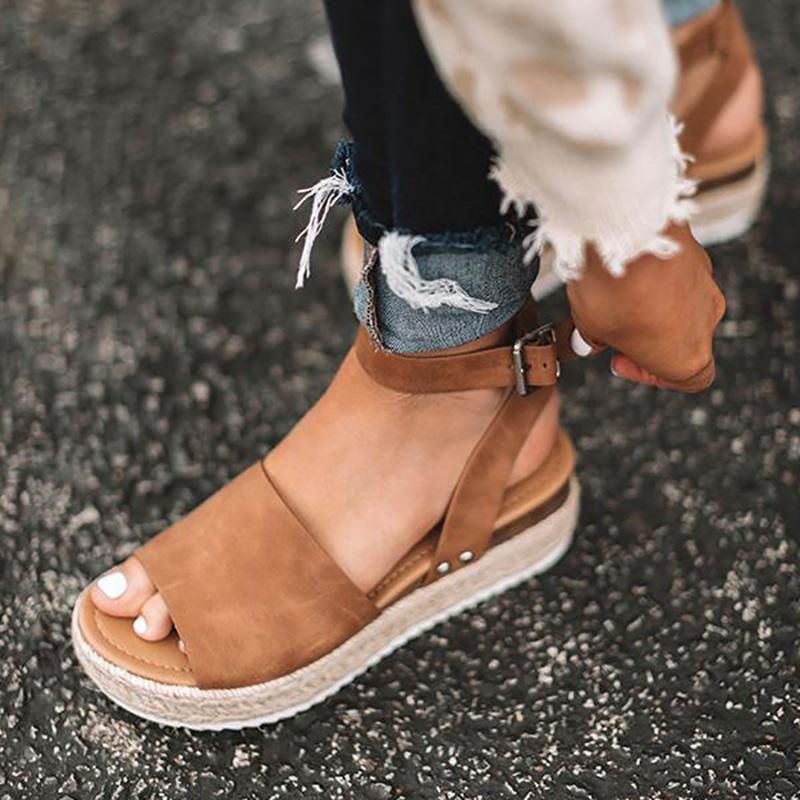 Lässige Plateau Sandalen Mit Keilabsatz In Großen Peep Toe Schnallen Für Damen